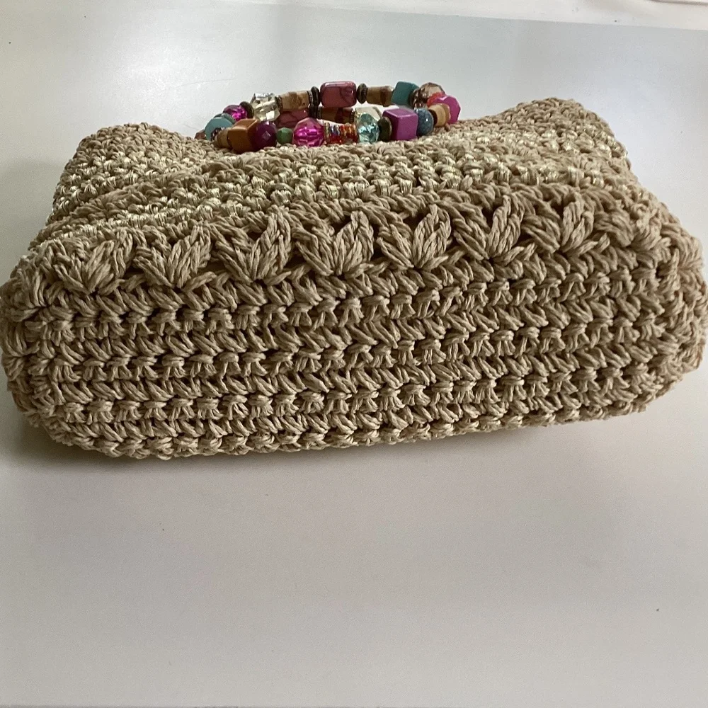 Cappelli Straworld Purse Handbag Round Beaded Jewel Handles Beige/Gold Lined - Picture 5 of 14